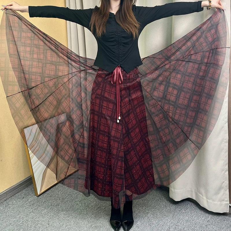格子大摆裙印花网纱半身裙春夏高腰显瘦中长款夏季长裙纱裙8228