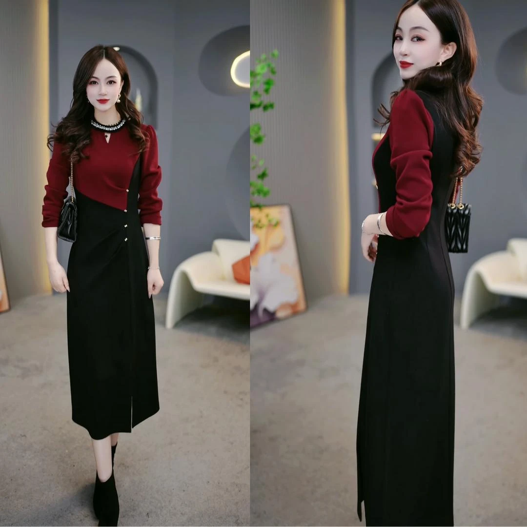 2025秋冬新款红色拼接简约大气新年穿搭显瘦中长款连衣裙M-4XL