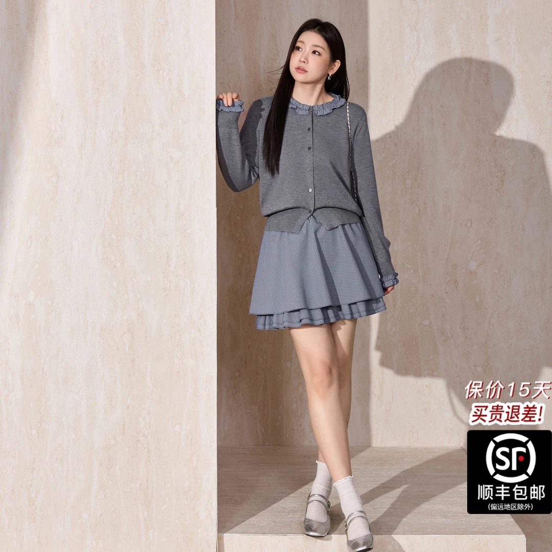 蓝语大码秋冬新品韩系格子圆领拼接针织开衫荷叶边高腰短裙套装女