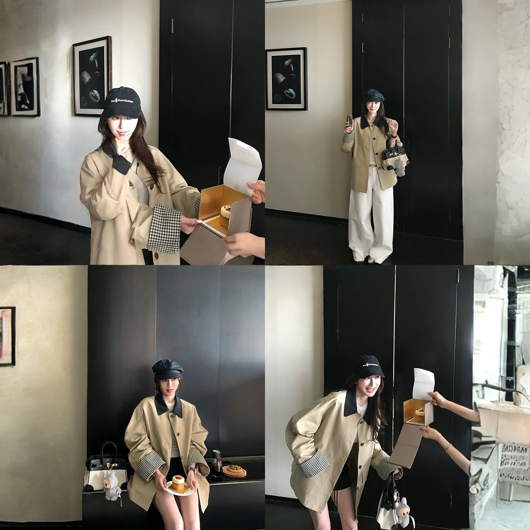 高智巴恩风 美式卡其色风衣撞色格纹拼接短款宽松短外套女秋早季
