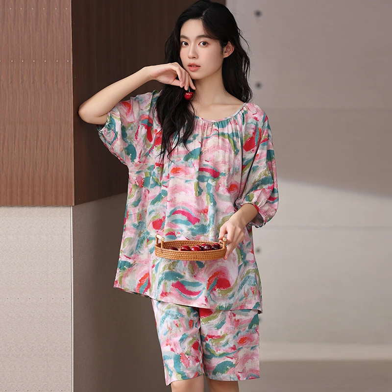 【彩运】短袖短裤套装2025新款透气夏季棉绸防凸点休闲居家宽松套装