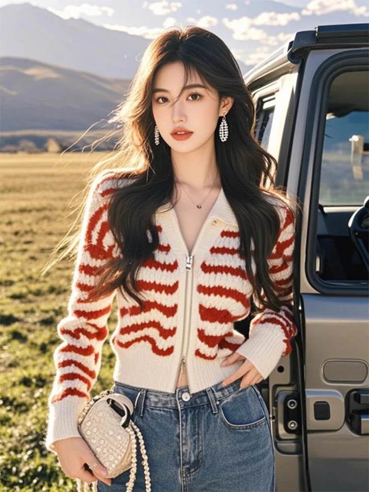秋冬独特别致长袖v领条纹毛衣针织开衫女设计感小众修身短款上衣
