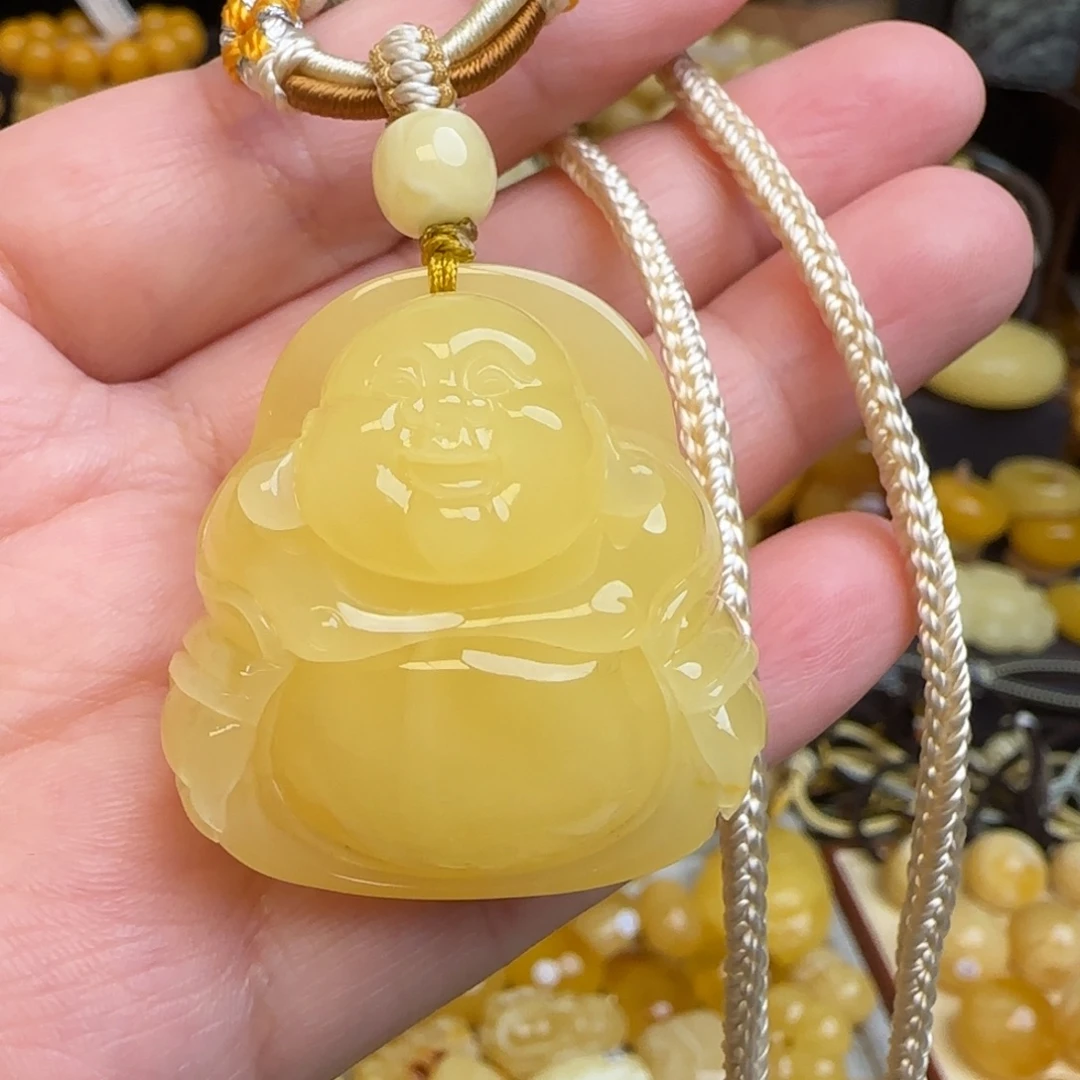 琥珀未镶嵌套链天然蜜蜡弥勒佛吊坠