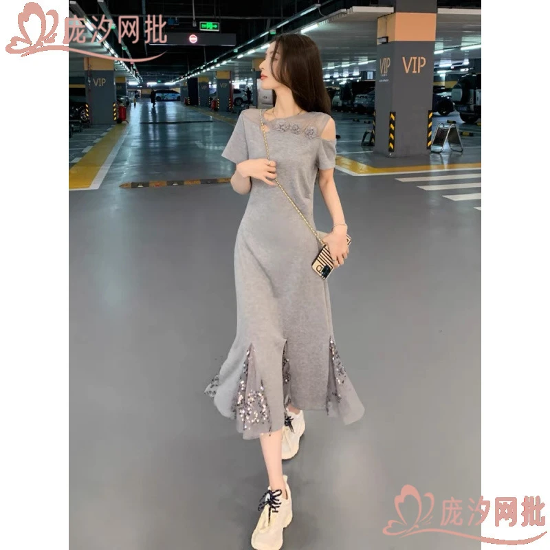 法式露肩连衣裙女2025夏季显瘦减龄高级感超好看独特漂亮拼接裙子
