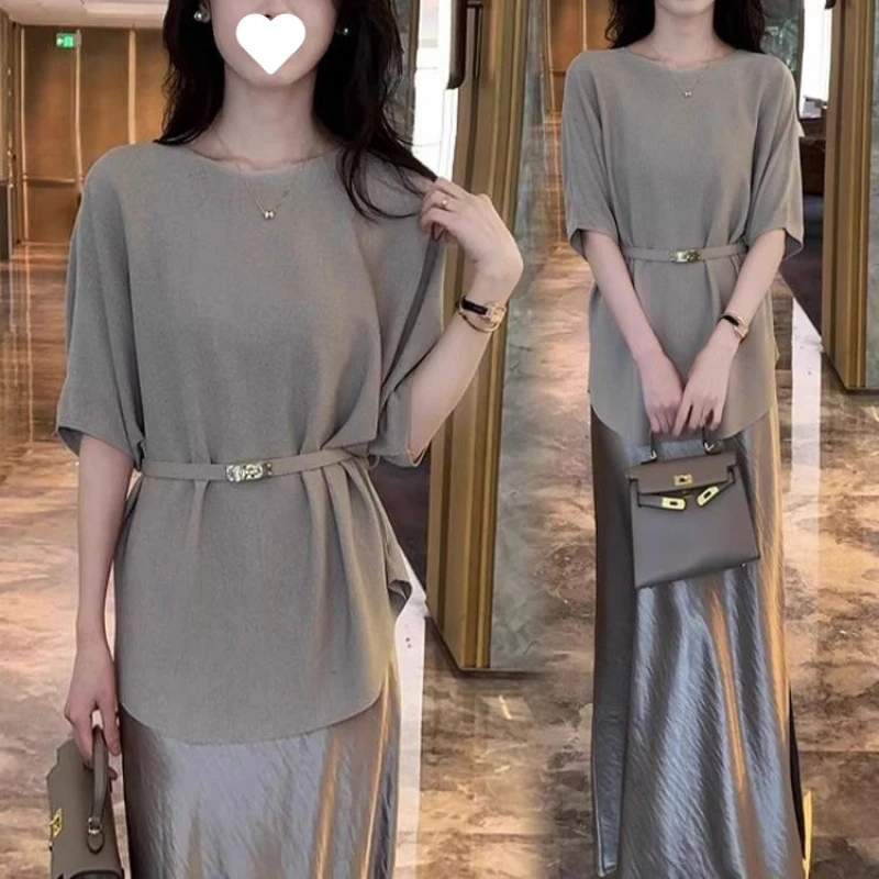 巨好看的连衣裙套装裙女夏2025新款时髦漂亮冰丝短袖半身裙两件套