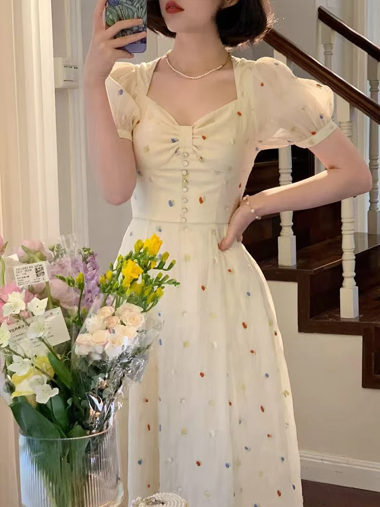 夏季小个子碎花法式森系复古印花连衣裙吊带V领