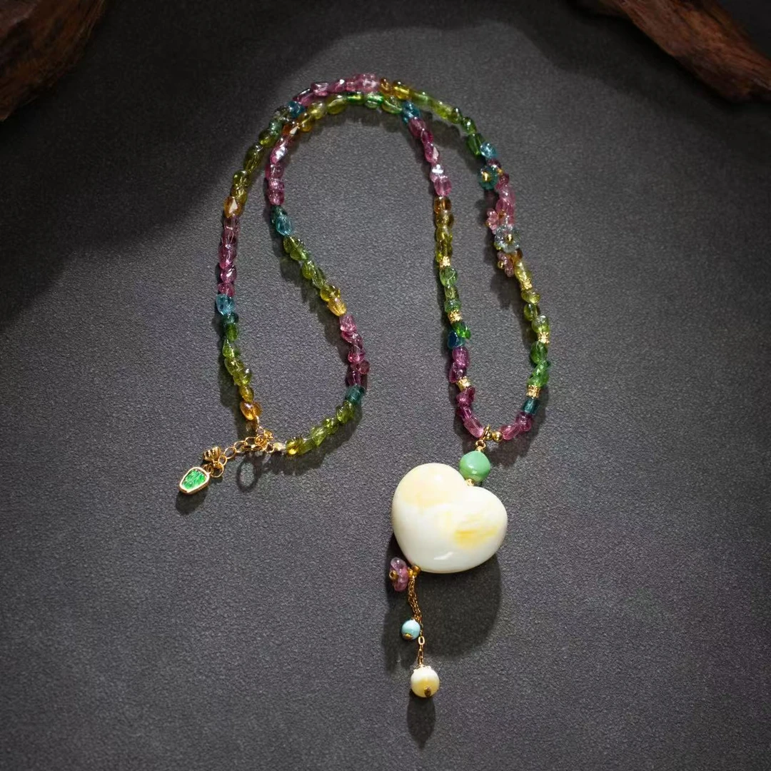 【壹芳珠宝】天然原矿琥珀蜜蜡瓷白爱心碧玺项链