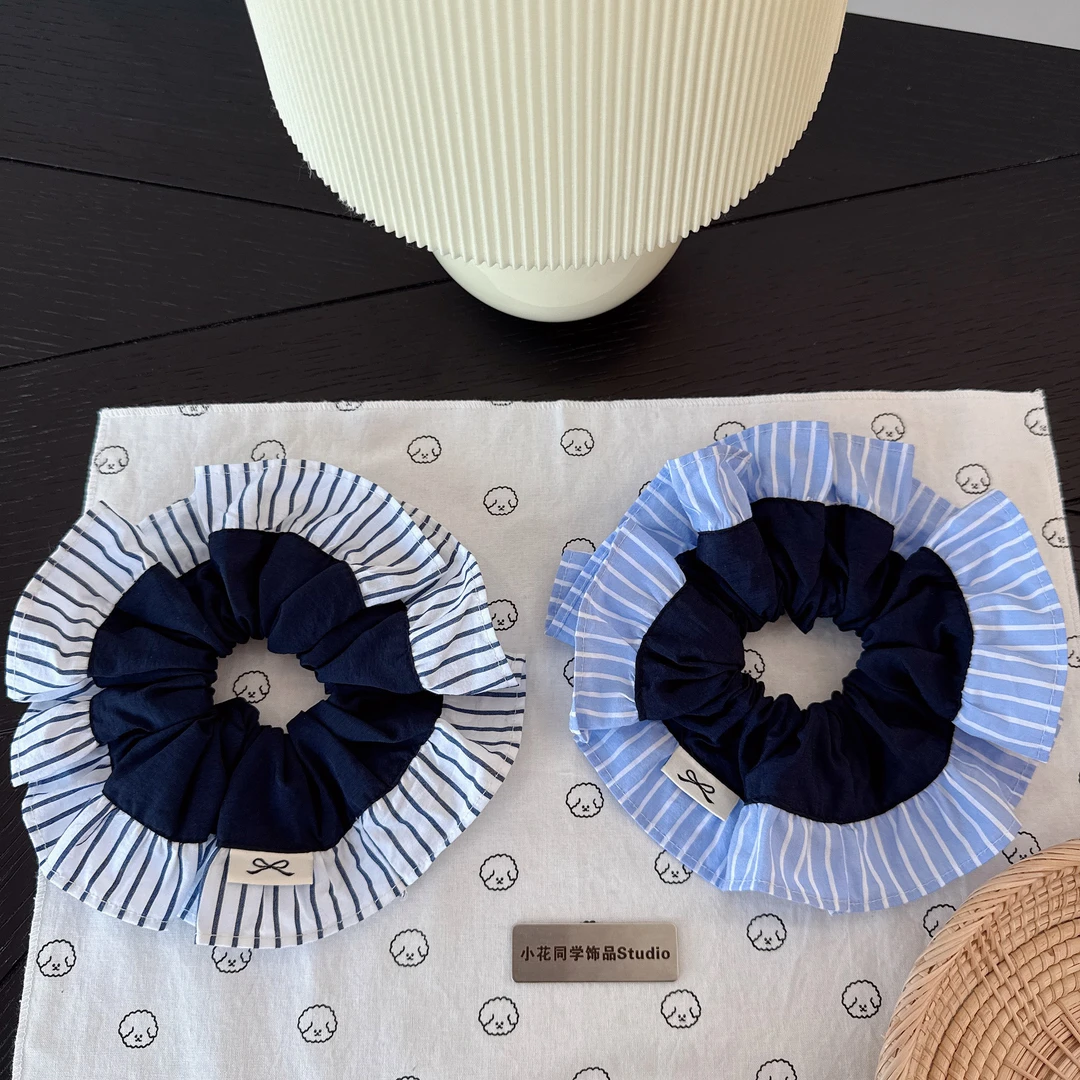 韩国发饰2025新款棉麻高级精致海军蓝谬系风藏青色条纹蝴蝶结发圈