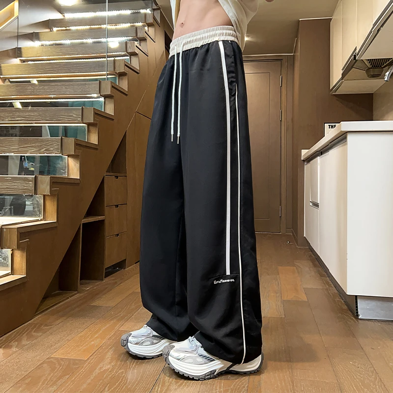 侧边条纹冰丝休闲裤男夏季潮牌ins垂坠感直筒裤薄款宽松运动长裤