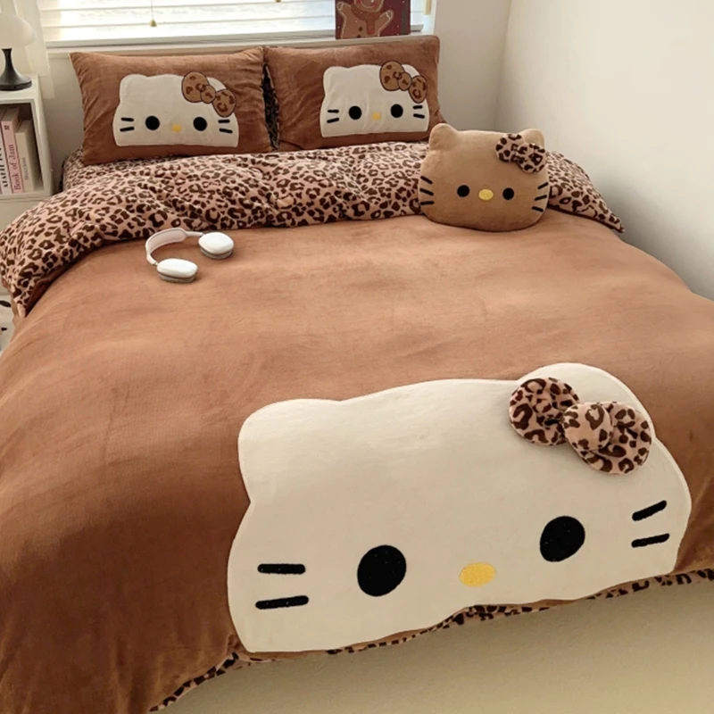 卡通大脸喵牛奶绒床上四件套秋冬季加厚珊瑚法兰绒被套保暖三件套