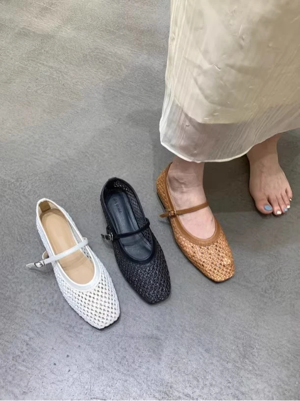 平跟方头纯色单鞋凉鞋法式编织春日慢人风夏季百搭