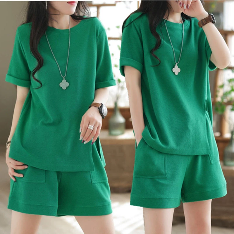 774#休闲短裤宽松文艺复古短袖t恤女2024夏装新款时尚女装两件套