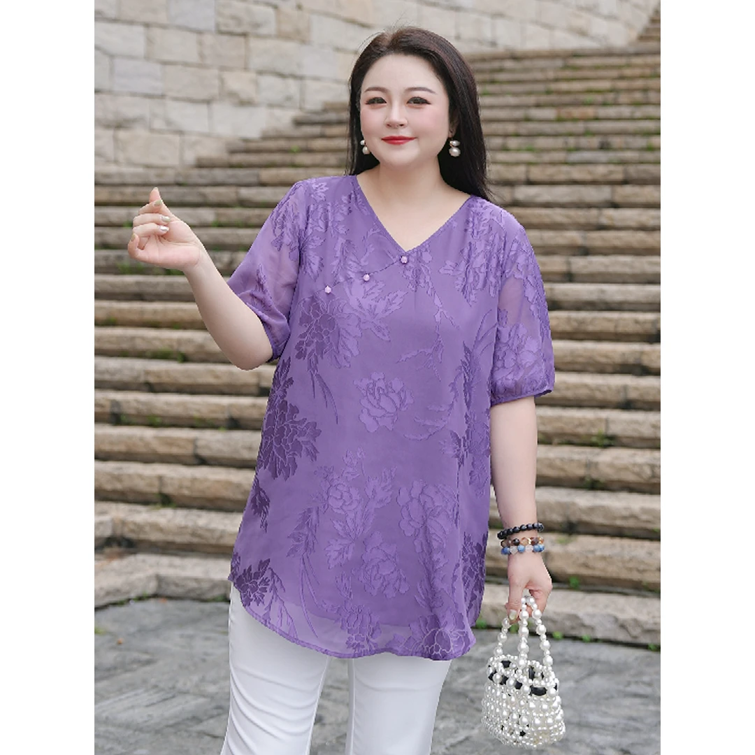 【国风系列*花开富贵】MsShe大码女装2025夏雪纺短袖小衫J~B2506029