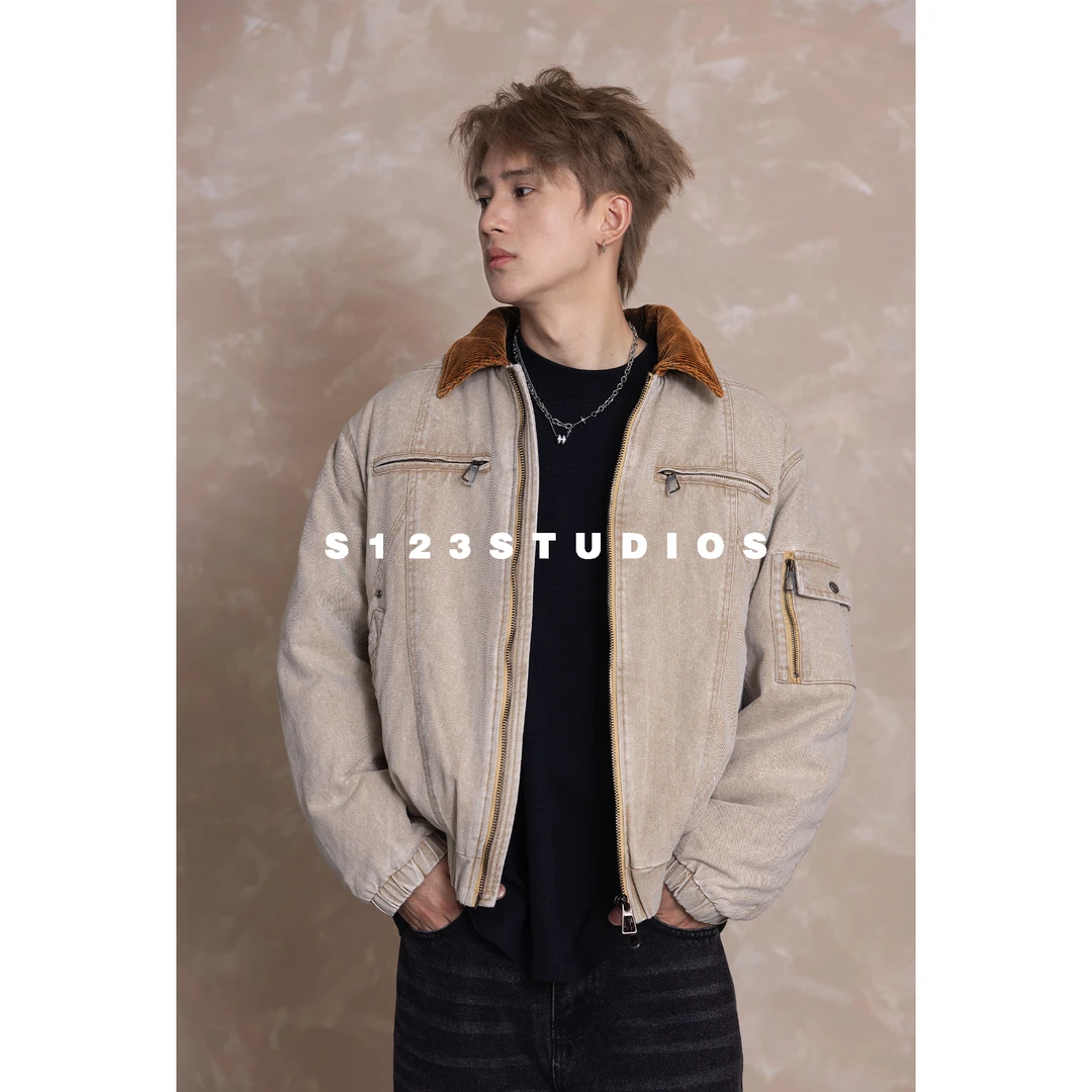 90白鸭绒 秋冬加厚牛仔夹克羽绒服男多口袋拼接翻领百搭外套