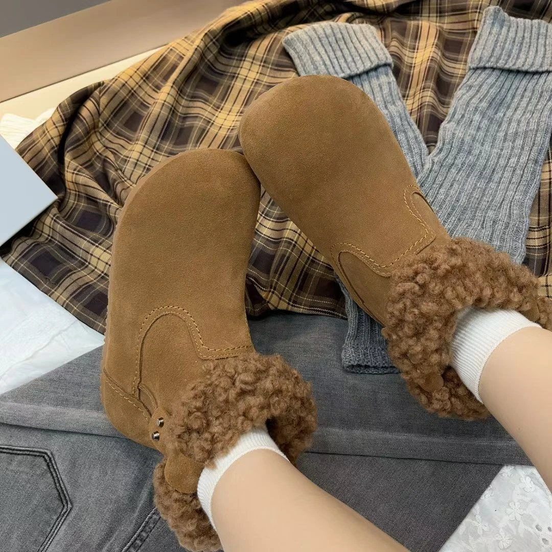 欧货时尚复古加绒勃肯靴女2025冬季羔羔毛平底短靴保暖防滑雪地靴