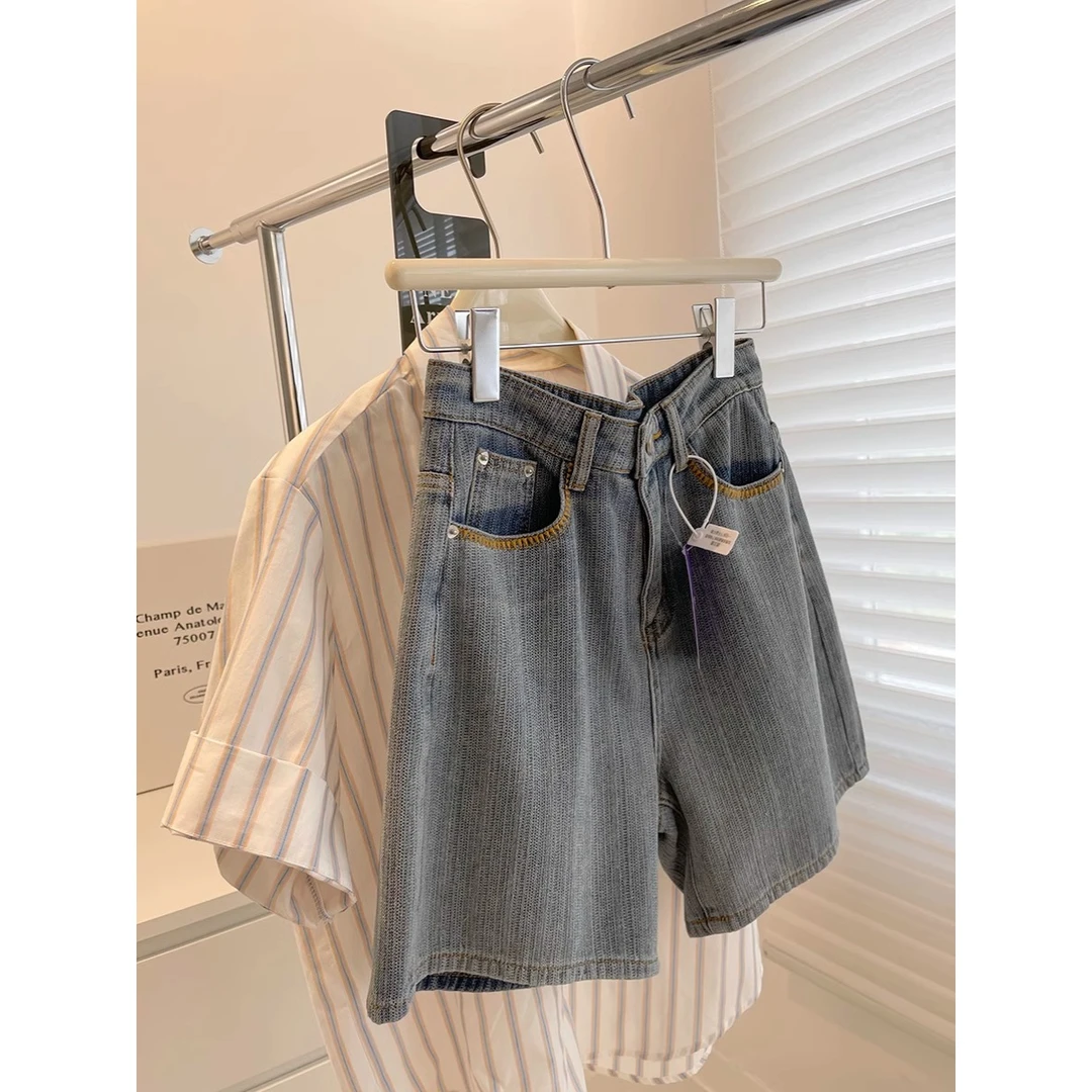 复古牛仔短裤女夏季薄款大码梨形身材高腰宽松显瘦阔腿五分中裤子