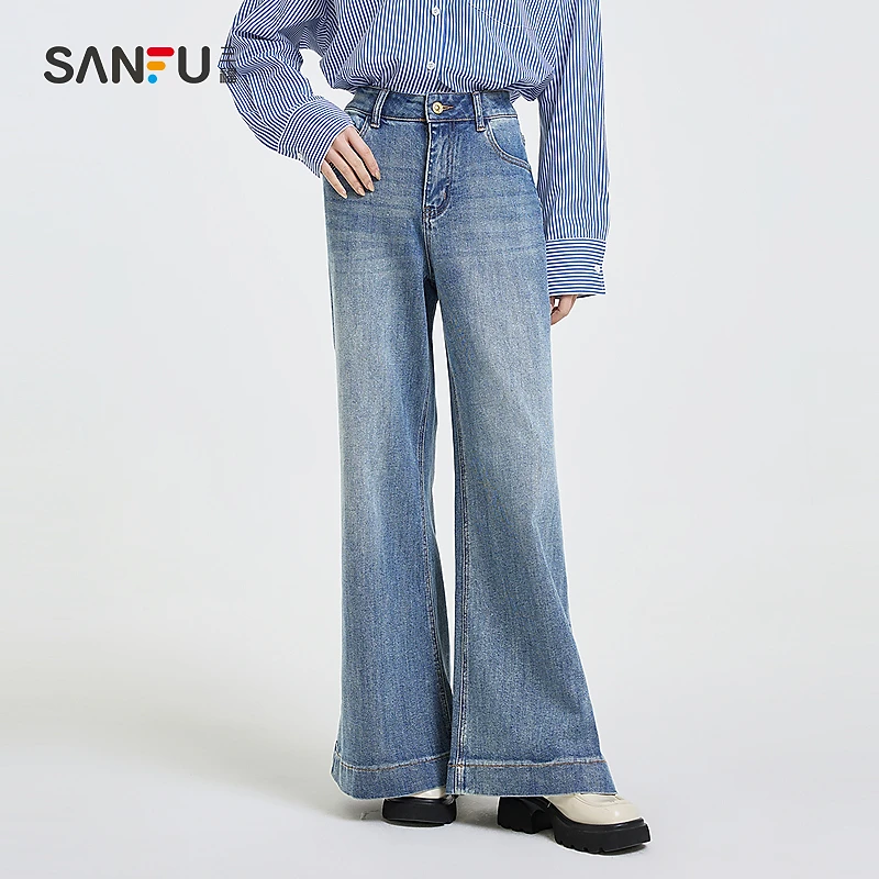 三福牛仔长裤2025春季复古阔腿高腰喇叭裤女装497299