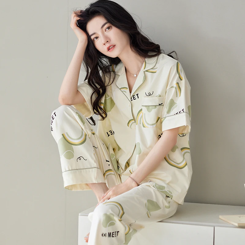 浪莎睡衣女士夏季纯棉短袖长裤全棉薄款2025年新款可外穿家居服夏