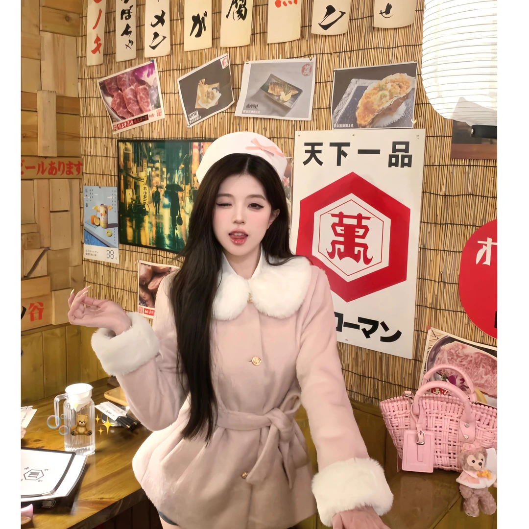 浅粉色毛呢毛领女秋冬季新款收腰西装外套精致韩剧女主中长款大衣