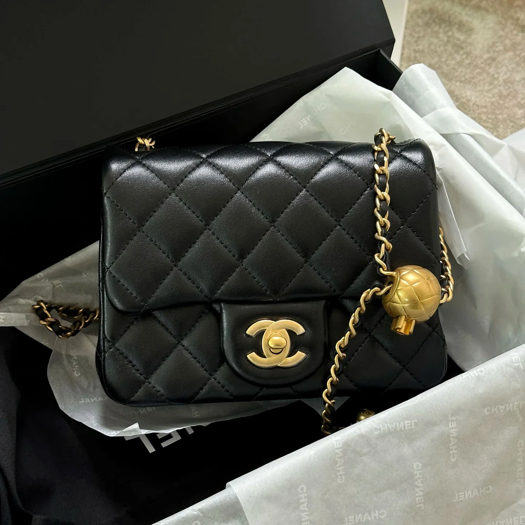 99新 Chanel/香奈儿 4019|香奈儿黑金金球方胖子斜挎包调节扣