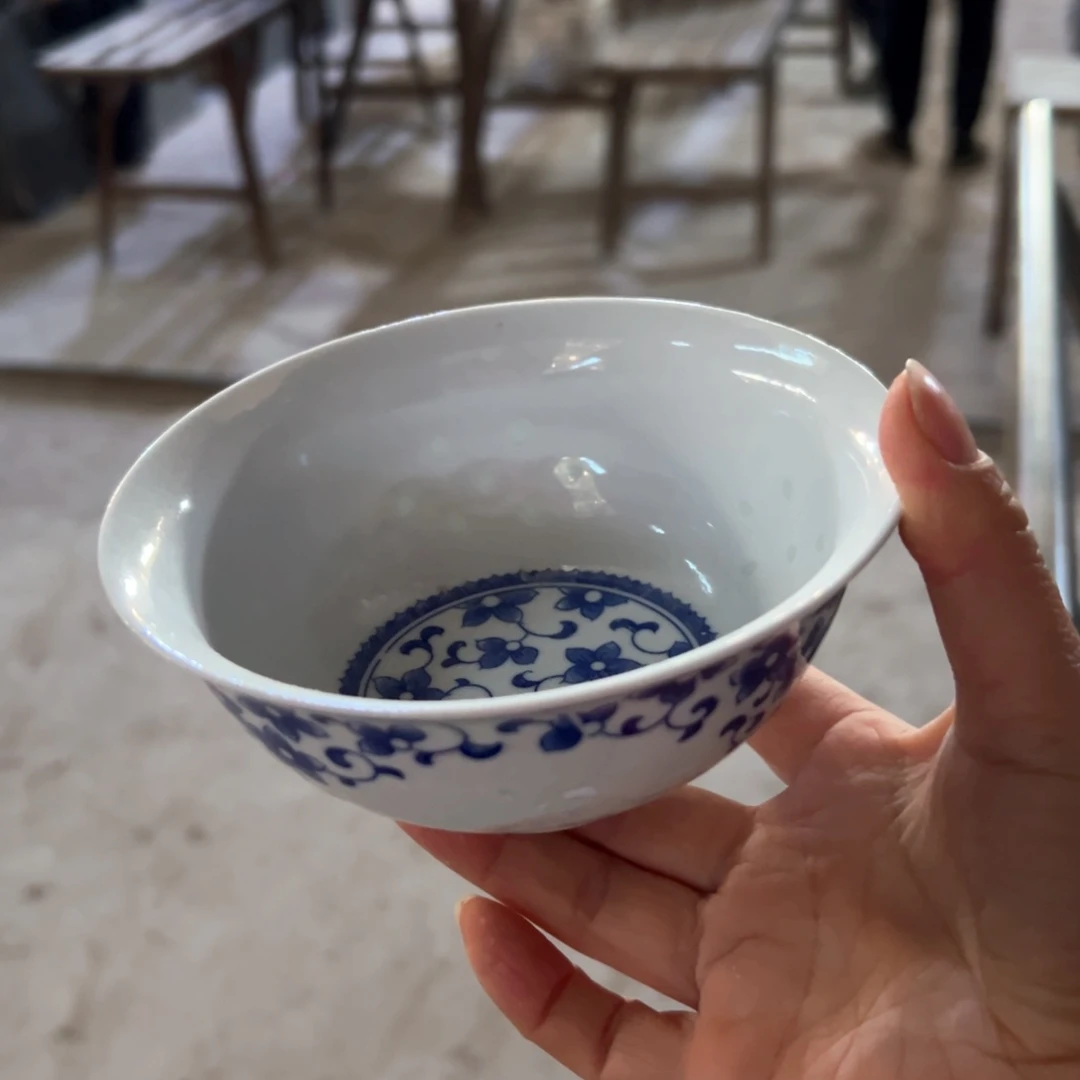 青花玲珑5寸紫荆花饭碗无边