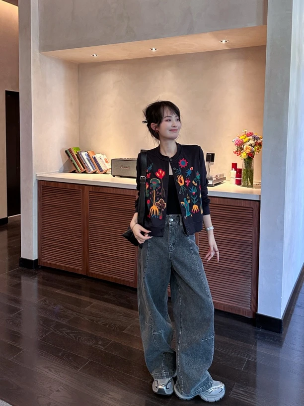 适中长袖宽松毛针织衫民族风女富婆风POLO领针织猫