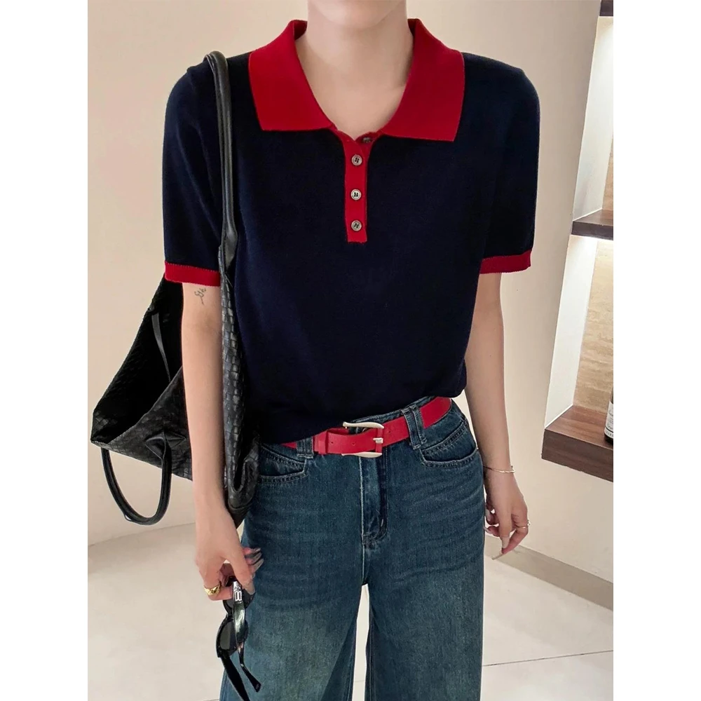 韩版复古撞色拼接POLO领针织衫女夏季休闲显瘦短袖洋气设计感上衣