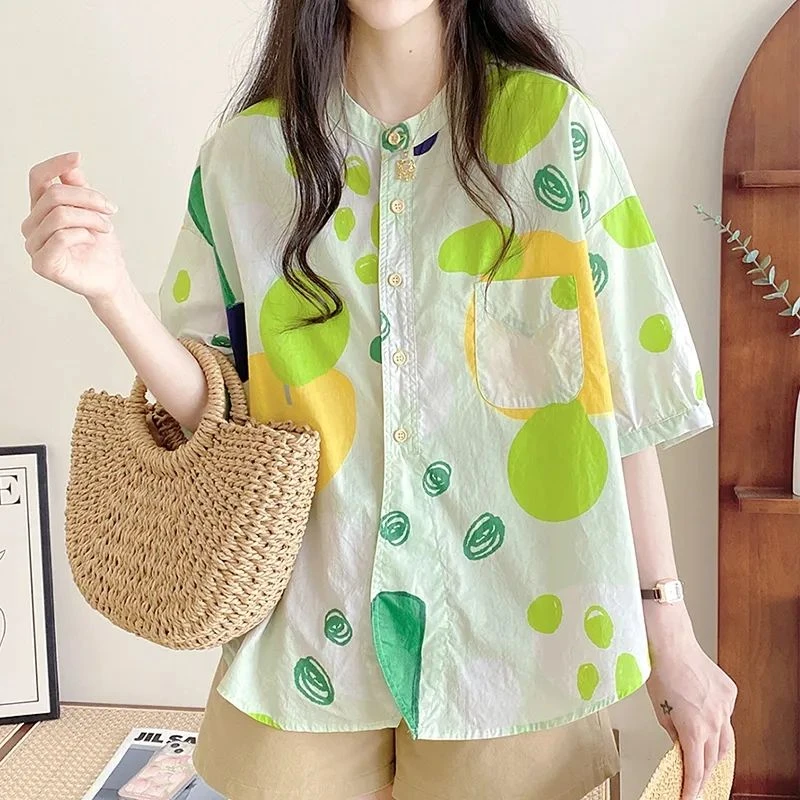 新款衬衫上衣女夏款2025新款原宿风宽松圆领设计感彩点涂鸦棉质中