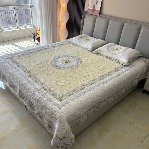 欧式奢华手工拼布 宫廷刺绣纯棉床盖三件套