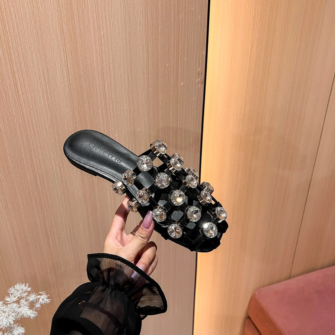 新款凉鞋拖女夏外穿精致水钻法式高级感爆款平底包头半拖