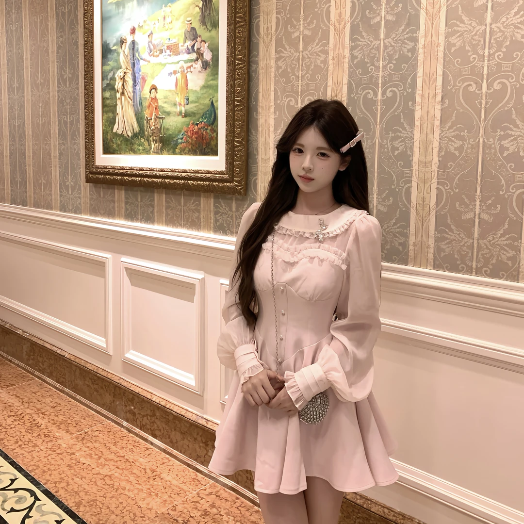浅粉收腰公主风假两件连衣裙花边蕾丝一字领少女千金shebyshj越南