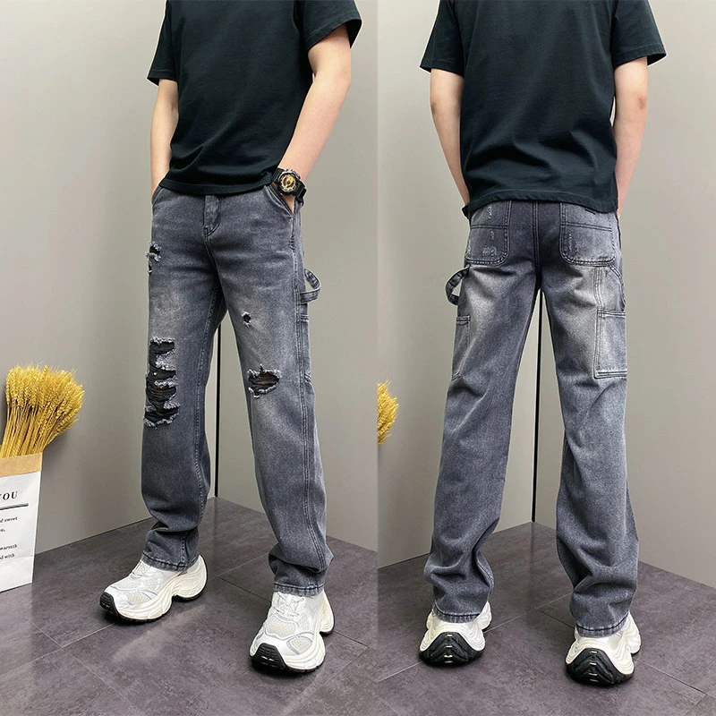 26春季新款时尚潮流百搭手工破坏设计感直筒手工破洞休闲裤牛仔裤