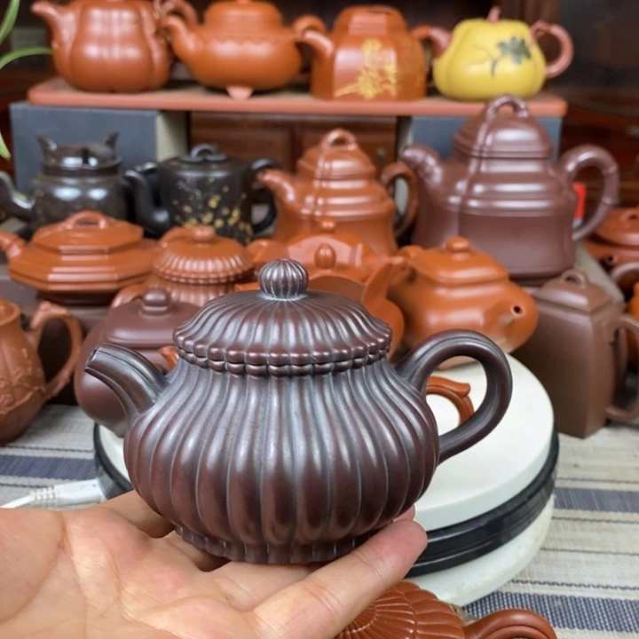 茶壶紫砂筋纹潘壶200cc原矿老紫泥还原烧