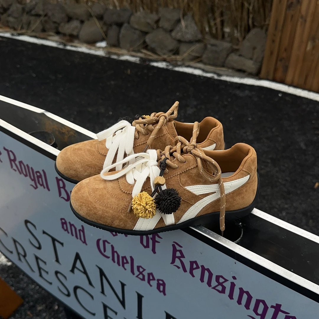 松果鞋真皮德训鞋阿甘鞋女2025秋季新款百搭复古休闲赛车鞋运动鞋