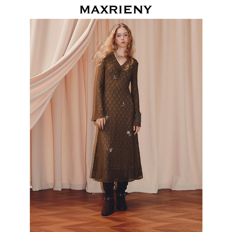 【优雅游牧】MAXRIENY法式复古感v领长袖收腰散摆长连衣裙25秋