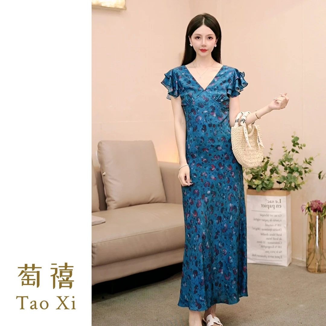 【嘉姐高定】度假风蓝色桑蚕丝印花飞飞袖收腰连衣裙TX05QZ0329