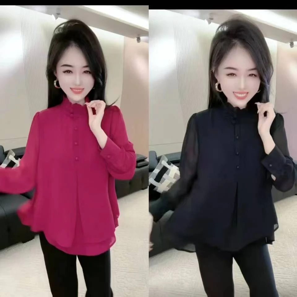 新款立领盘扣双层拼接衬衫
