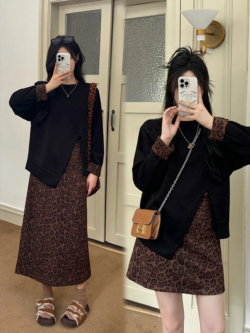 大码女装韩系套装女秋季设计感不规则上衣遮肚显瘦豹纹裙子两件套
