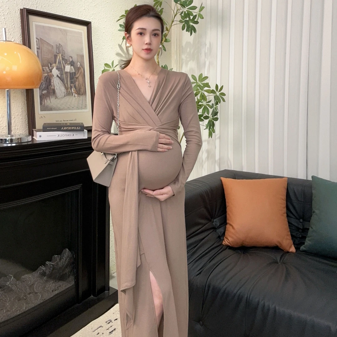 Zoey孕妇装［微醺罗兰］早秋弹力莫代尔棉孕妇气质可哺乳长款连衣裙