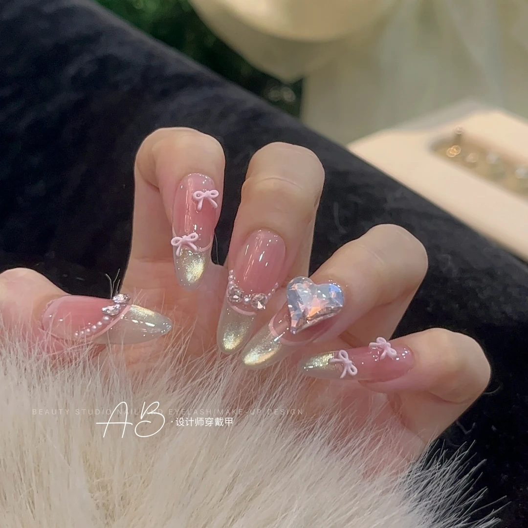 【芙雪】法式腮红金色猫眼蝴蝶结爱心K9钻高级显白 纯手工穿戴甲