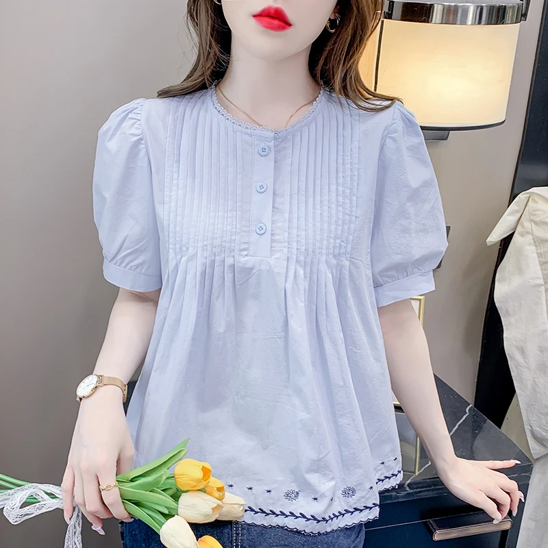 甜美刺绣短袖衬衫女夏季2025新款洋气减龄显瘦宽松泡泡袖小衫上衣
