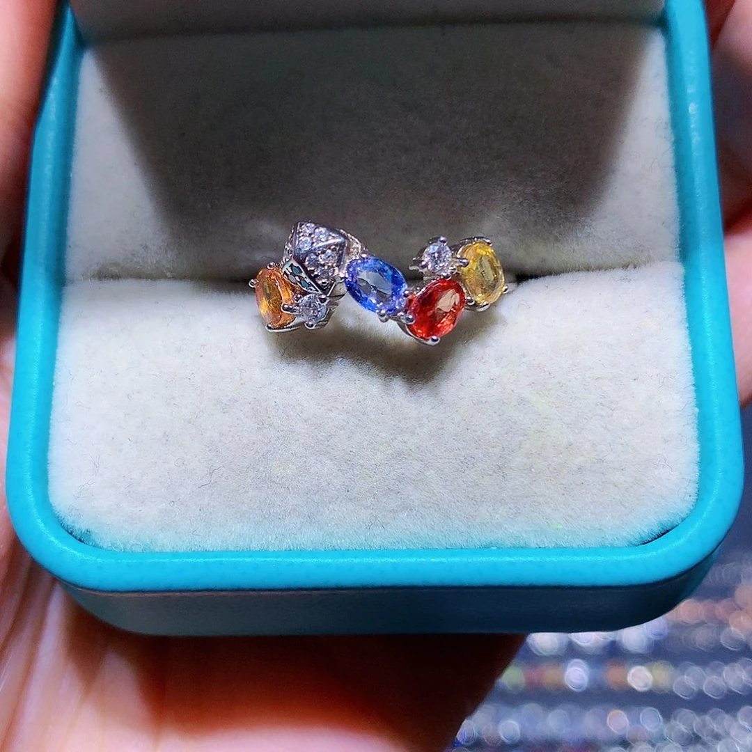 彩色蓝宝石戒指银S925镶嵌