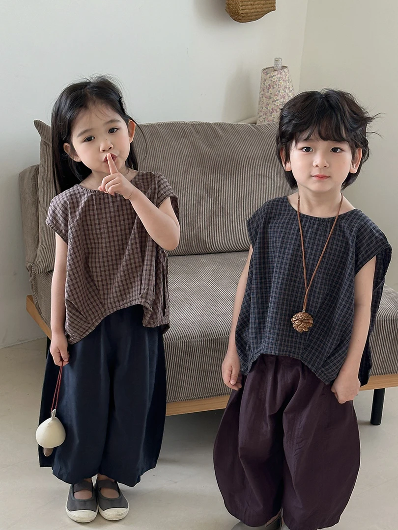 2025夏季新款森系韩系男女童格子上衣