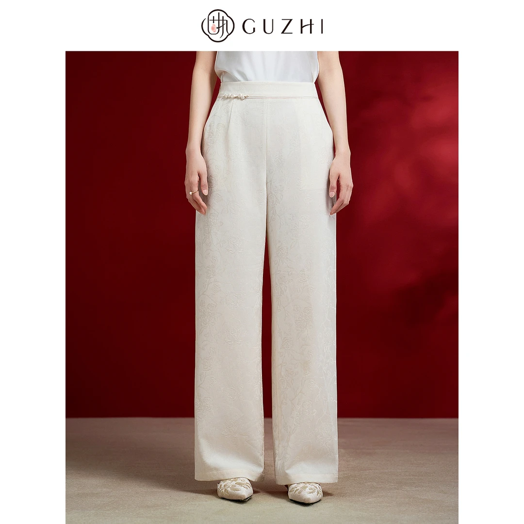 固执2026春季新款新中式通勤百搭提花宽松阔腿裤休闲直筒长裤女