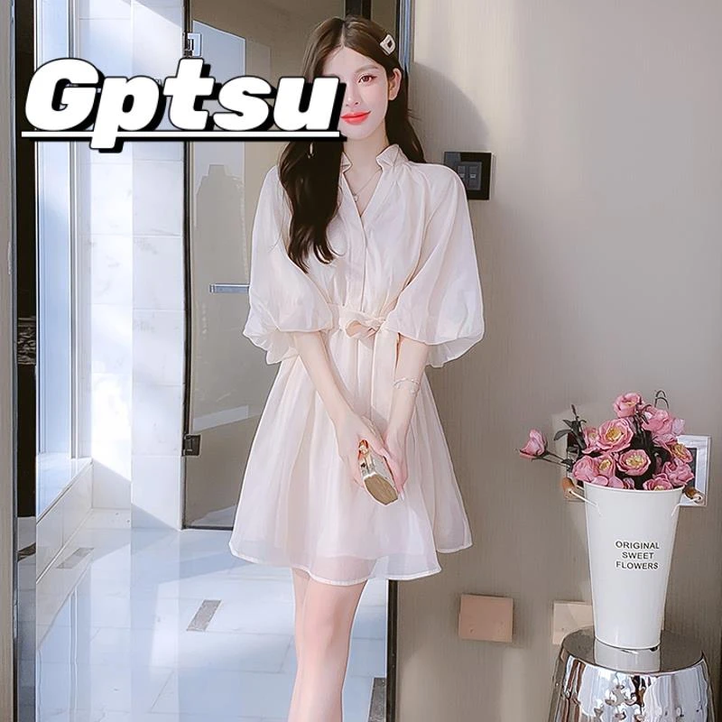 GPTSu高级感法式灯笼袖连衣裙女夏季新款裙子短款小个子显瘦夏裙