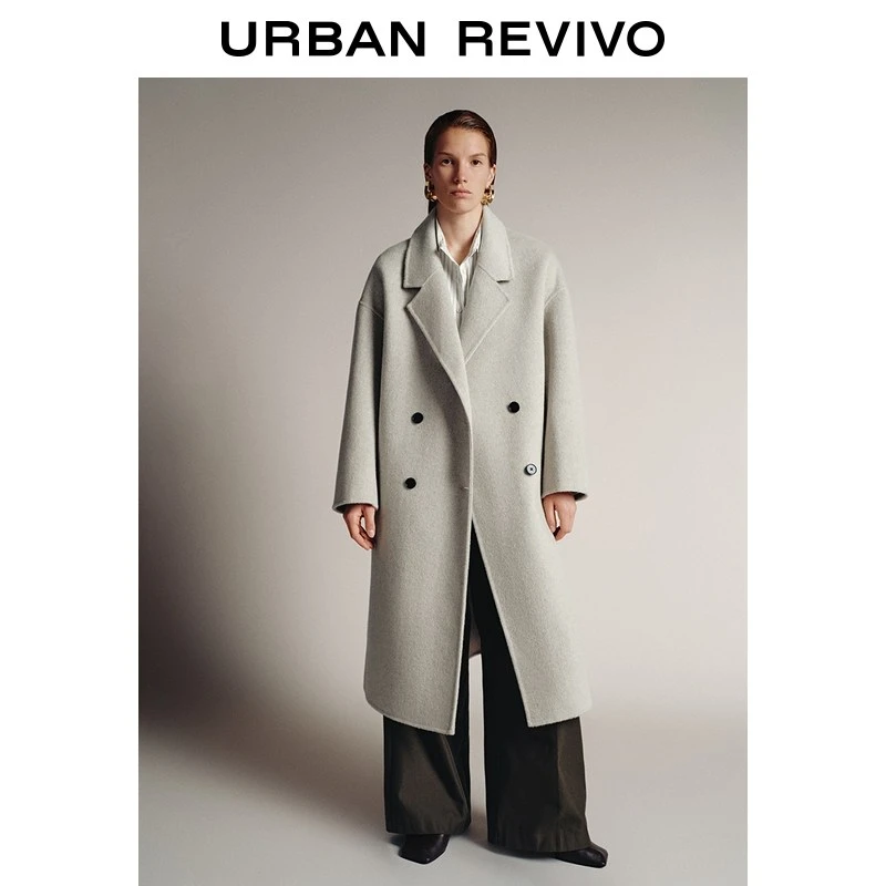 UR2025冬季新款女装高智感格雷系双排扣大衣外套UWM150069