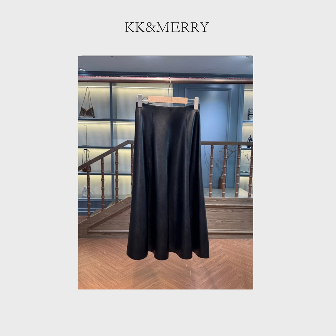 KK&MERRY高级感PU皮显瘦A字大摆伞裙中长款半身裙  KDEC365