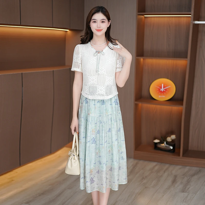 夏季新款假两件连衣裙显瘦气质镂空时尚设计中长裙女