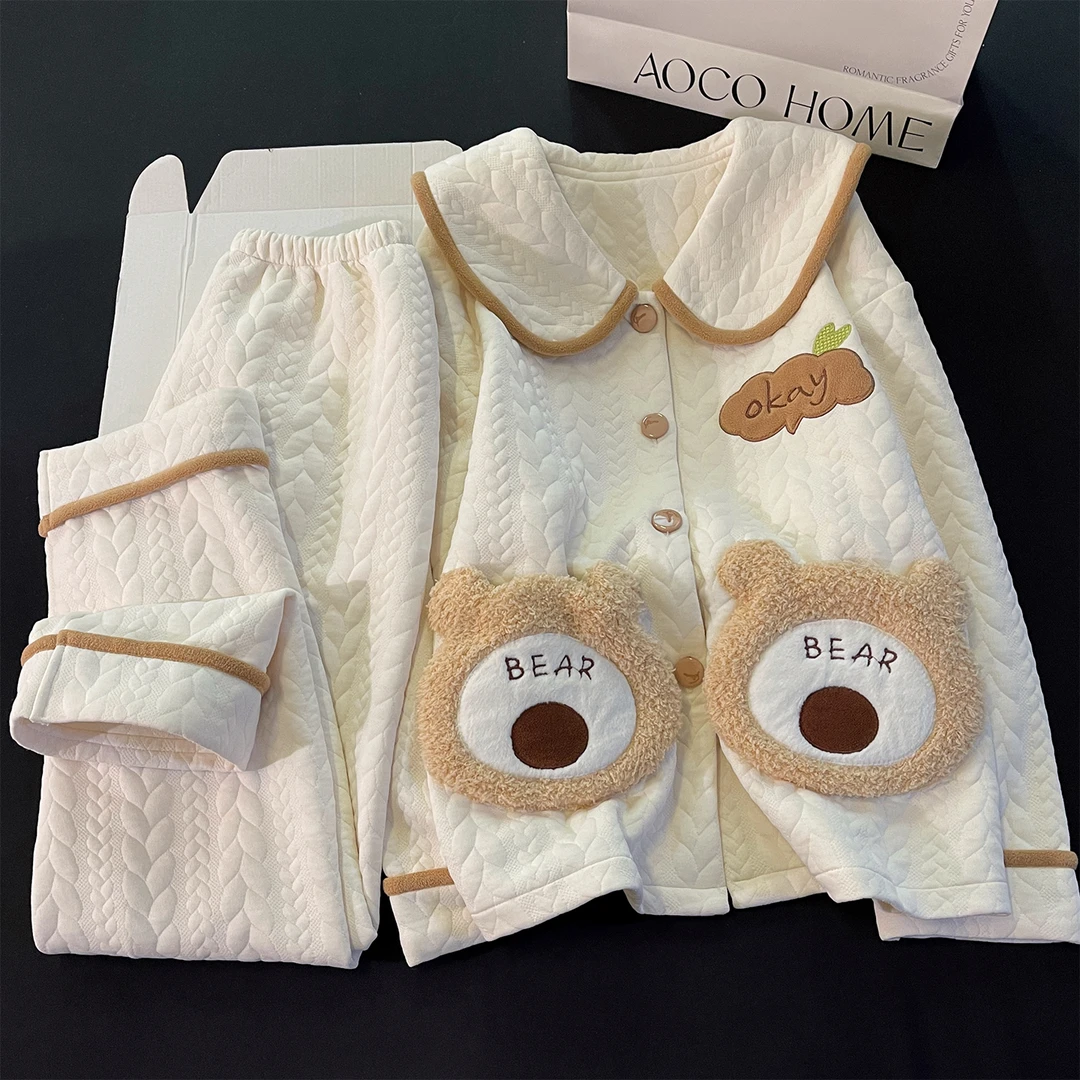 睡衣女秋冬季2025年新款加厚保暖卡通可爱空气宽松夹层家居服套装