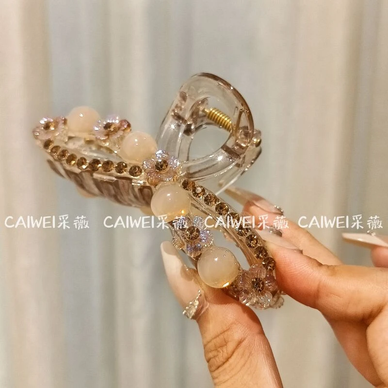 c1060秋冬新款轻奢高级莫奈紫点钻珠珠交叉抓夹9cm韩版优雅时尚